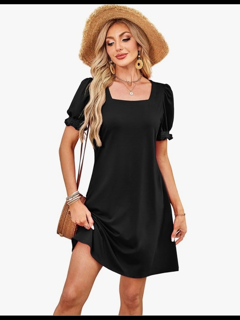 Women's Casual Cute Square Neck Puff Short Sleeve Dress with Pockets- Large NWT